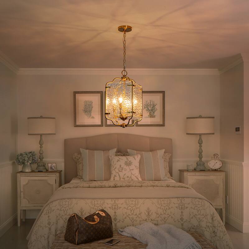 Modern 4-Light Metal Frame Pendant Light with Hammered Glass Panels - Dia.10-in