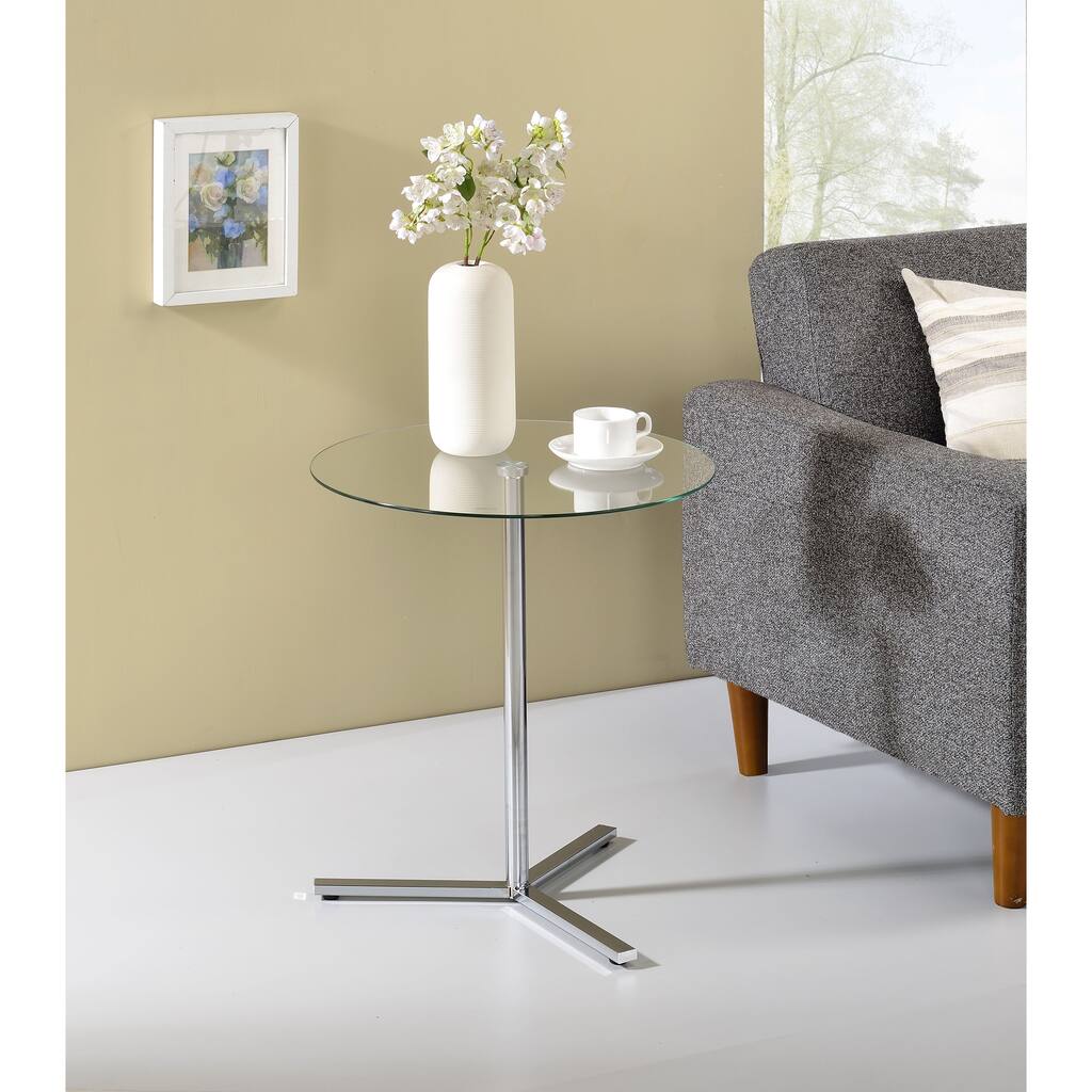 Modern Chrome Metal and Clear Tempered Glass Accent Side End Table