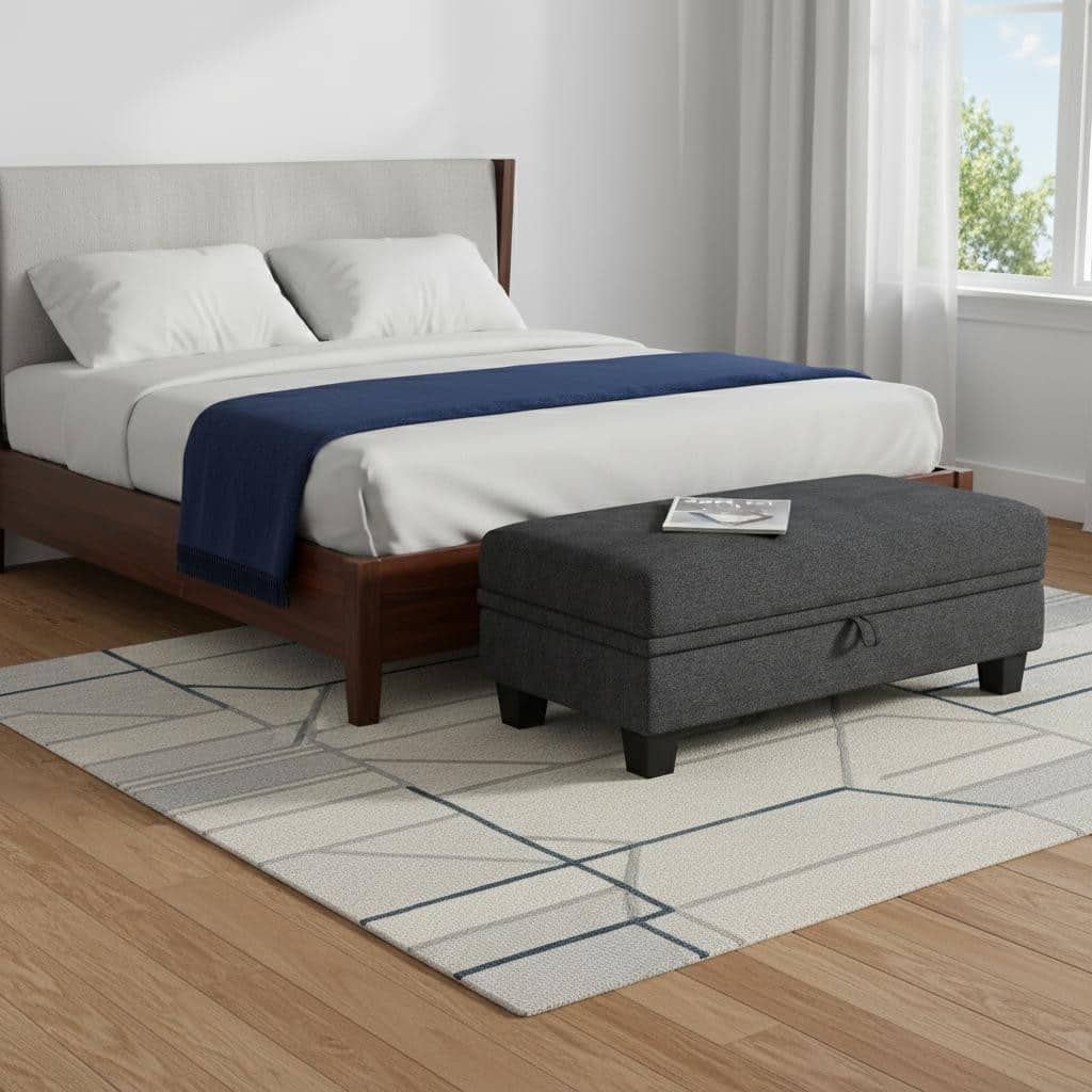 HomeRoots 46" Gray and Black Chenille Storage Ottoman