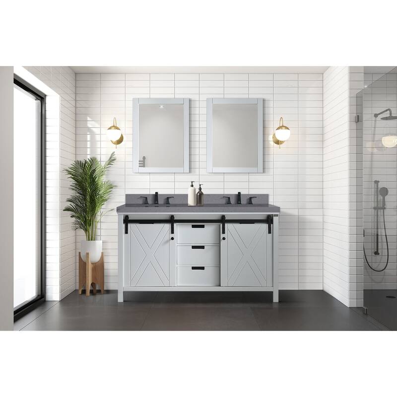 Marsyas Bath Vanity, Grey Quartz Countertop and Mirrors