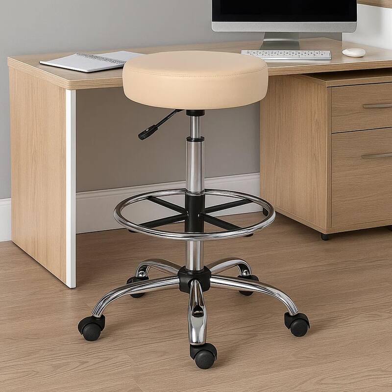 Fea Medical Drafting Stool, Round Beige Vinyl, Chrome Footring