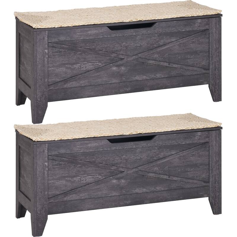 VECELO Storage Bench, Wooden Chest for Storage with Wicker Mat Safety Hinges Entryway Shoe Bench Storage Trunk(Set of 2)