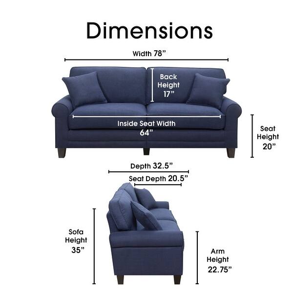 dimension image slide 2 of 11, Serta Copenhagen 78" Sofa Couch for Two People, Pillowed Back Cushions and Rounded Arms, Durable Modern Upholstered Fabric