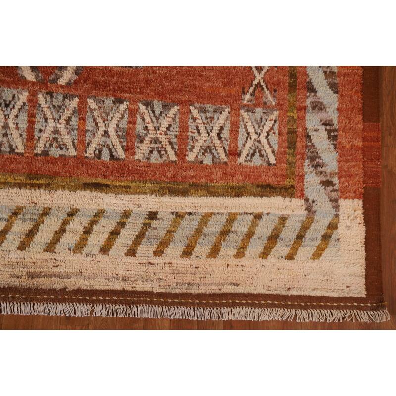 Hand Knotted Oriental 100% Wool Carpet Modern Tribal Oranges & Rust Moroccan Area Rug - 10' 0'' X 7' 1''