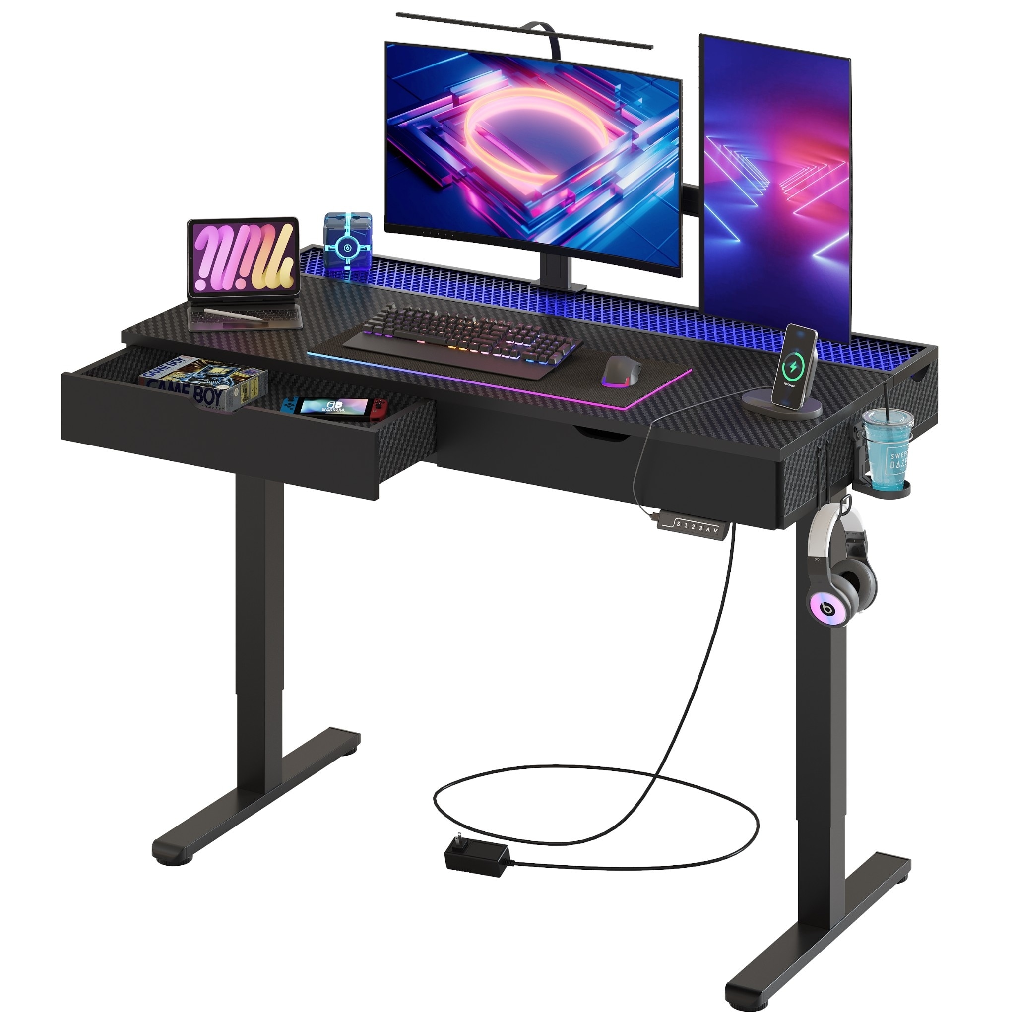 Standing Desk Electric Height Adjustable Gaming Desk with Drawer USB Port and LED Light Computer Desk