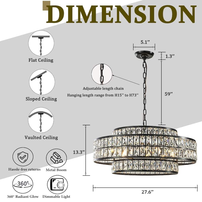 Modern Crystal Chandelier Matte Black Finish Tiered Drum Pendant Light for Small Spaces Dining Room Entryway