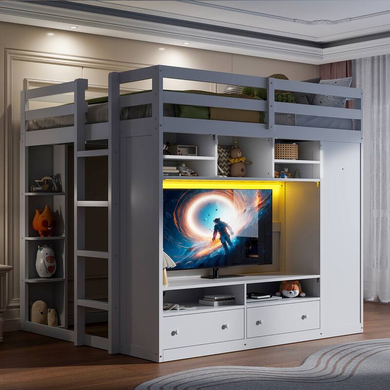 Full Size Loft Bed with Storage, LED Light, and Shelves - White - White