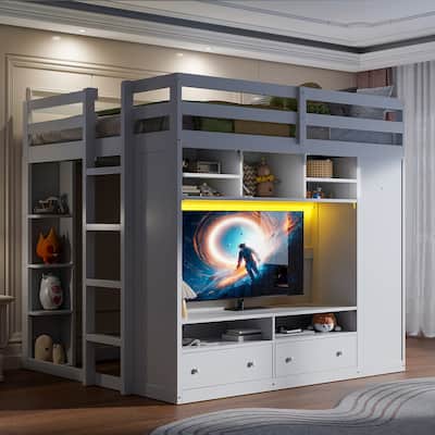 Full Size Loft Bed with TV Stand and Drawers, Teens Kids Storage Bed Frame with Shelves, Wardrobe and LED Light