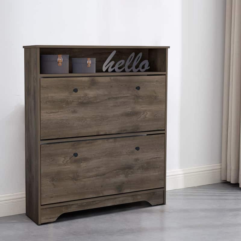 Wooden Shoe Storage Cabinet with 2 Flip Drawers and a Top Shelf - Brown
