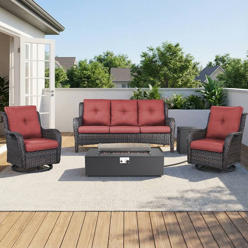 Pocassy Patio 5/7 Piece Sofa Swivel Chair Ottoman with Fire Pit Table - Brown Wicker Red Cushion - 5-Piece Sofa Swivel Chair with Fire Pit Table