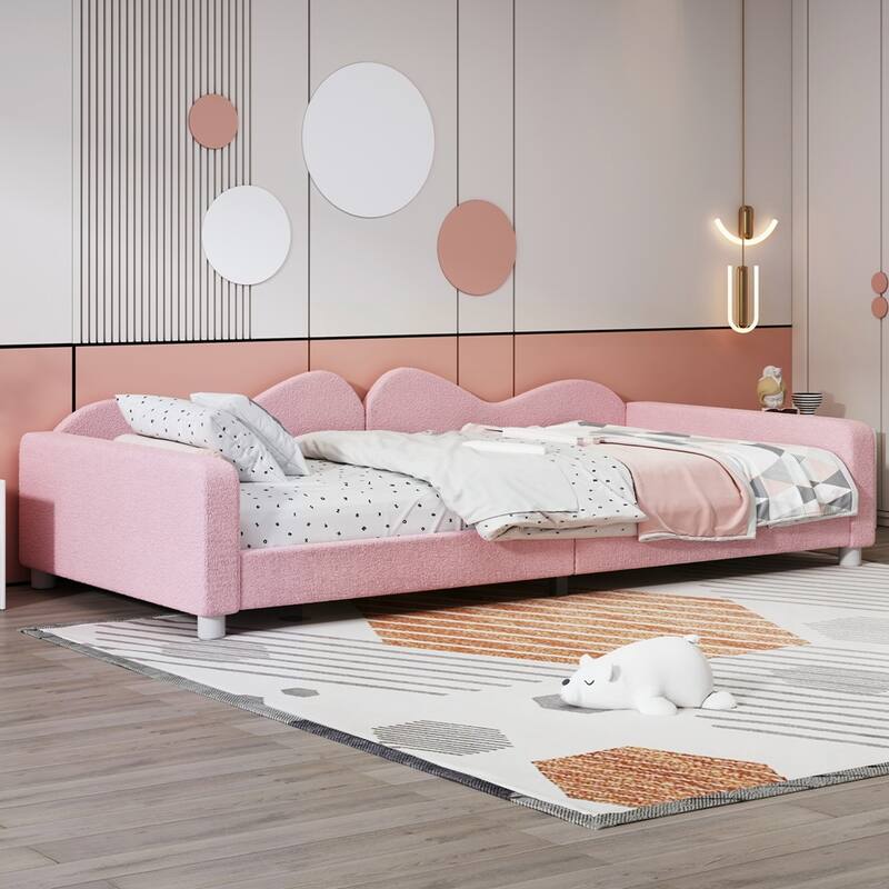 Upholstered Daybed, Sherpa Fabric Sofabed with Cloud-Shaped Backrest - Pink - Twin