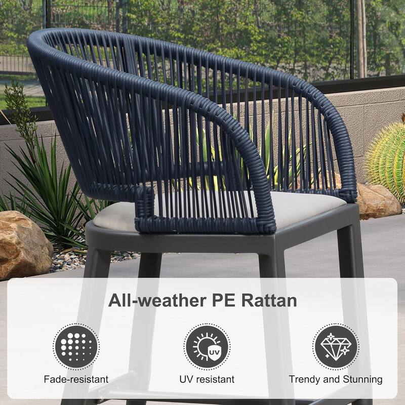 PURPLE LEAF Outdoor Bar Stools Chair Set of 2, All Weather Rattan and Aluminum Patio Bar Stool with Cushion