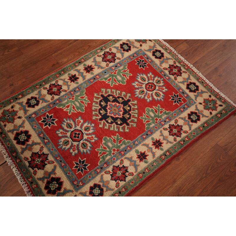 Red Kazak Foyer Rug Handmade Oriental Geometric Wool Carpet - 2'0" x 3'0"