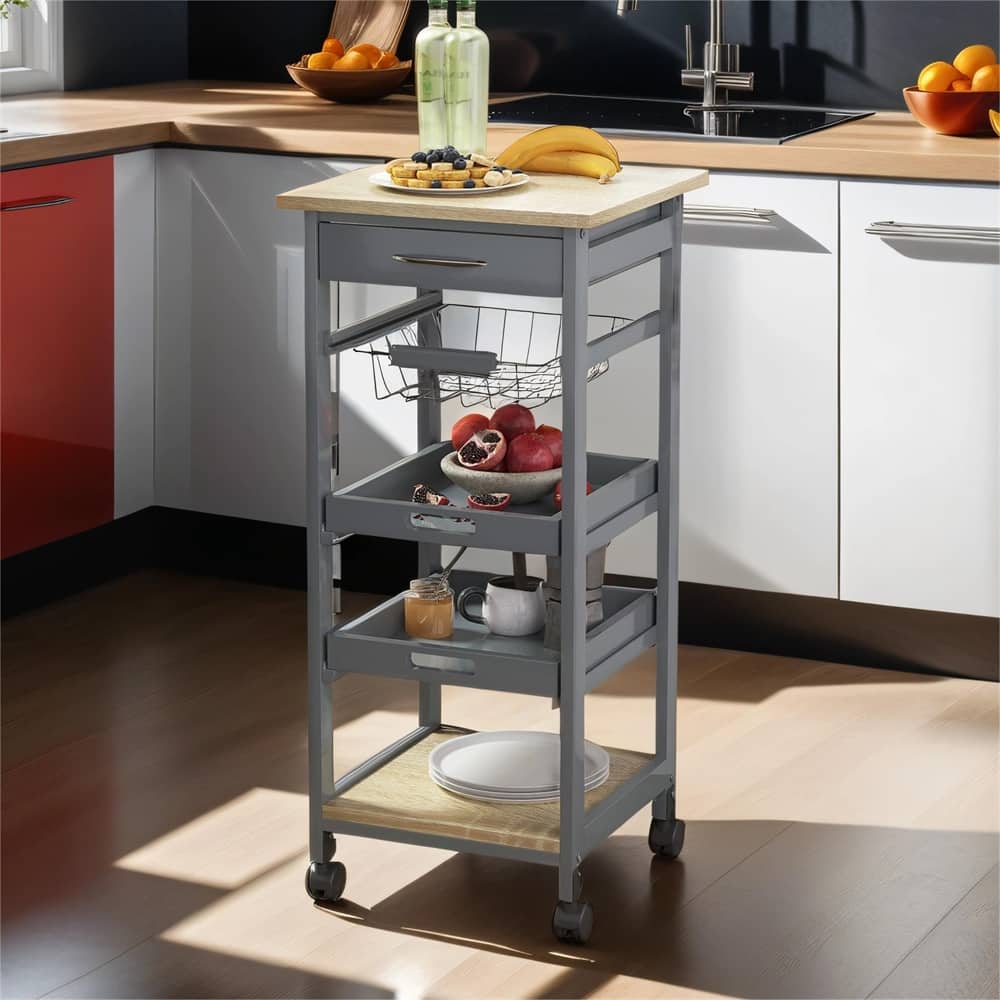 Mobile Rolling Kitchen Island Trolley with Drawer & Slide-Out Basket