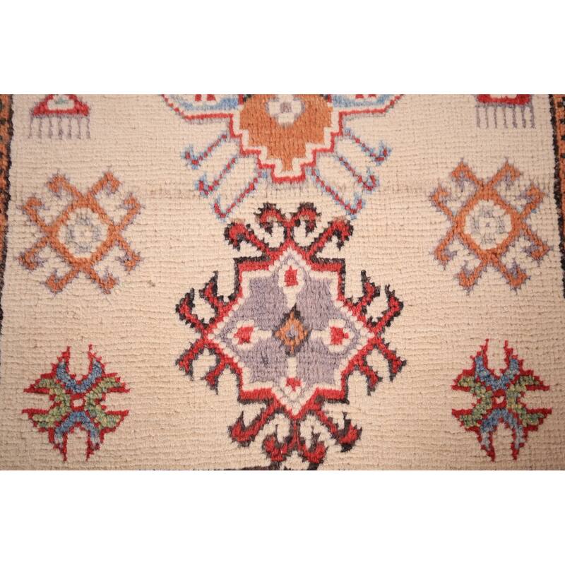 Ivory Geometric Kazak Oriental Foyer Rug Hand-Knotted Wool Carpet - 2'0" x 3'0"