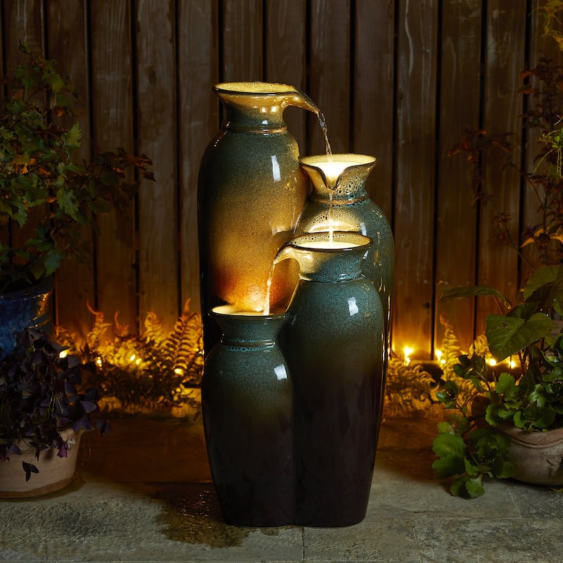 Glitzhome 27"H/35"H 3-Tier or 4-Tier Embossed Pattern LED Ceramic Pots Fountain