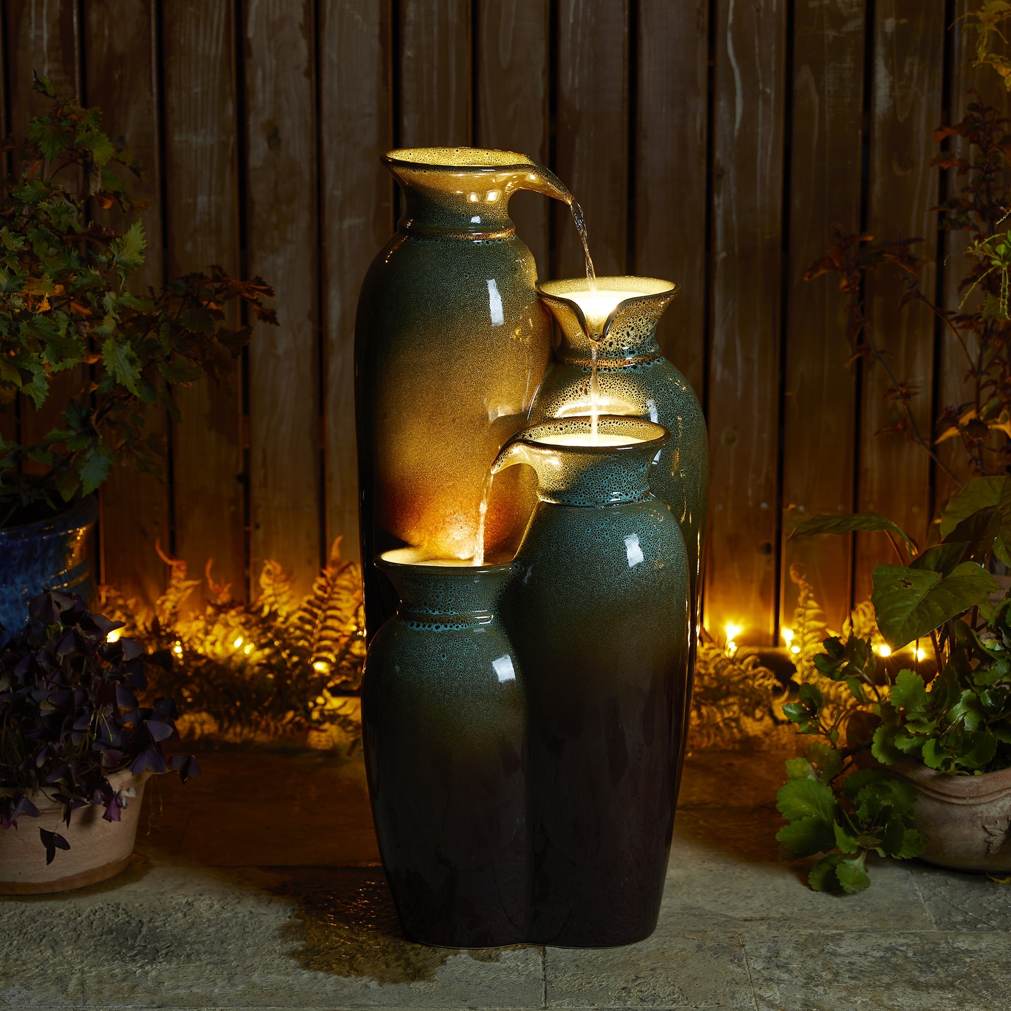 Glitzhome 30.75"H 4-Tiered LED Lighted Ceramic Vase Outdoor Floor Fountains