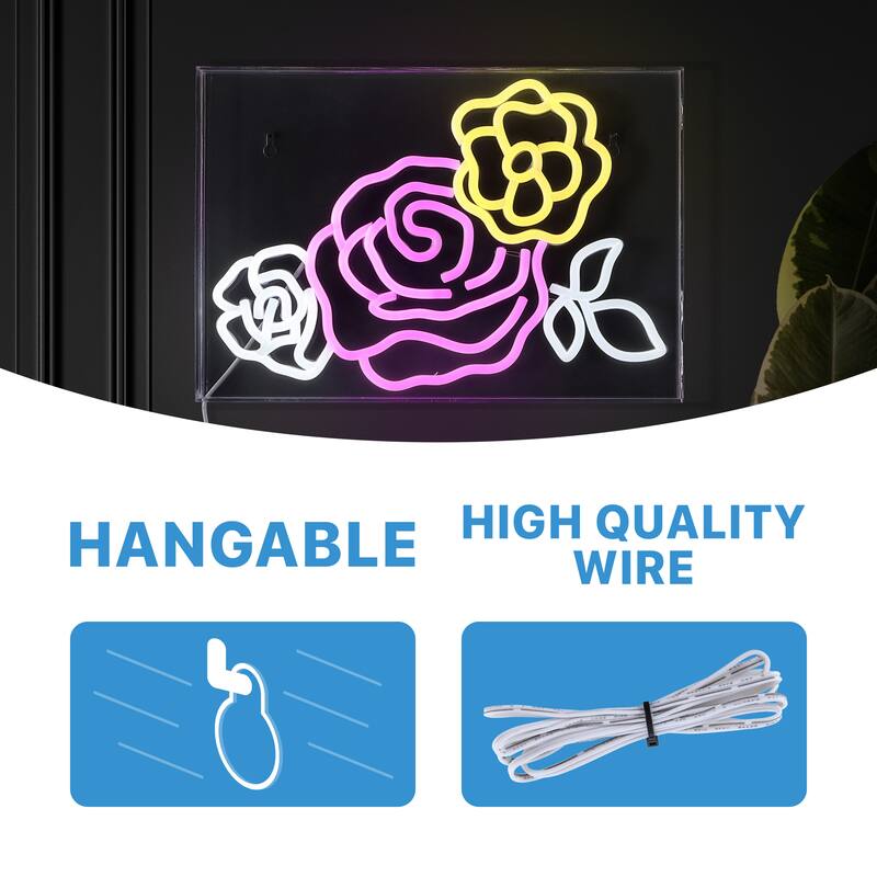Crowd Of Roses 15" X 10.3" Contemporary Glam Acrylic Box USB Operated LED Neon Light, Pink/White/Yellow by JONATHAN Y
