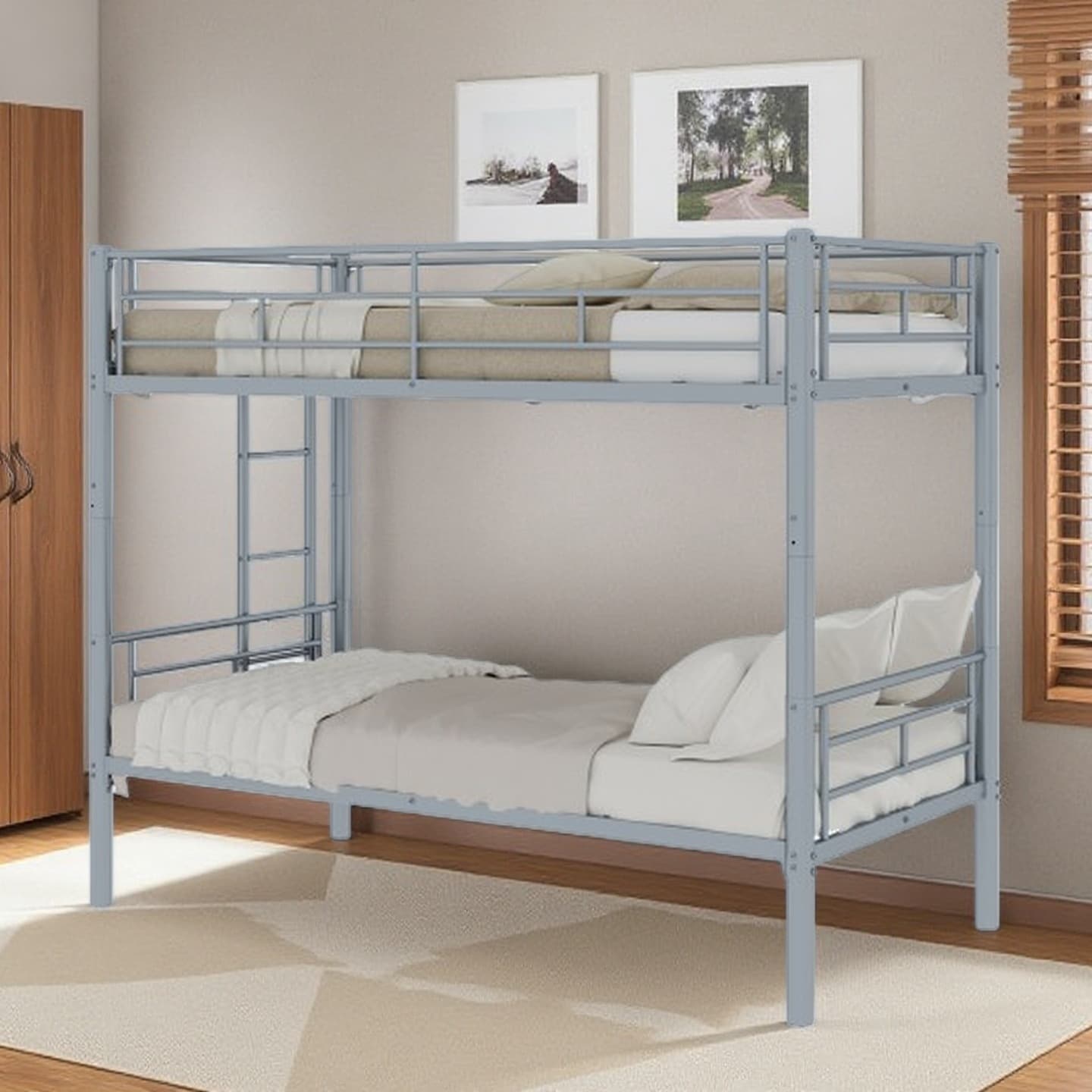 Twin Over Twin Metal Bunk Bed for Kids and Teens, Convertible Two-Bed Frame with Guardrails and Ladder