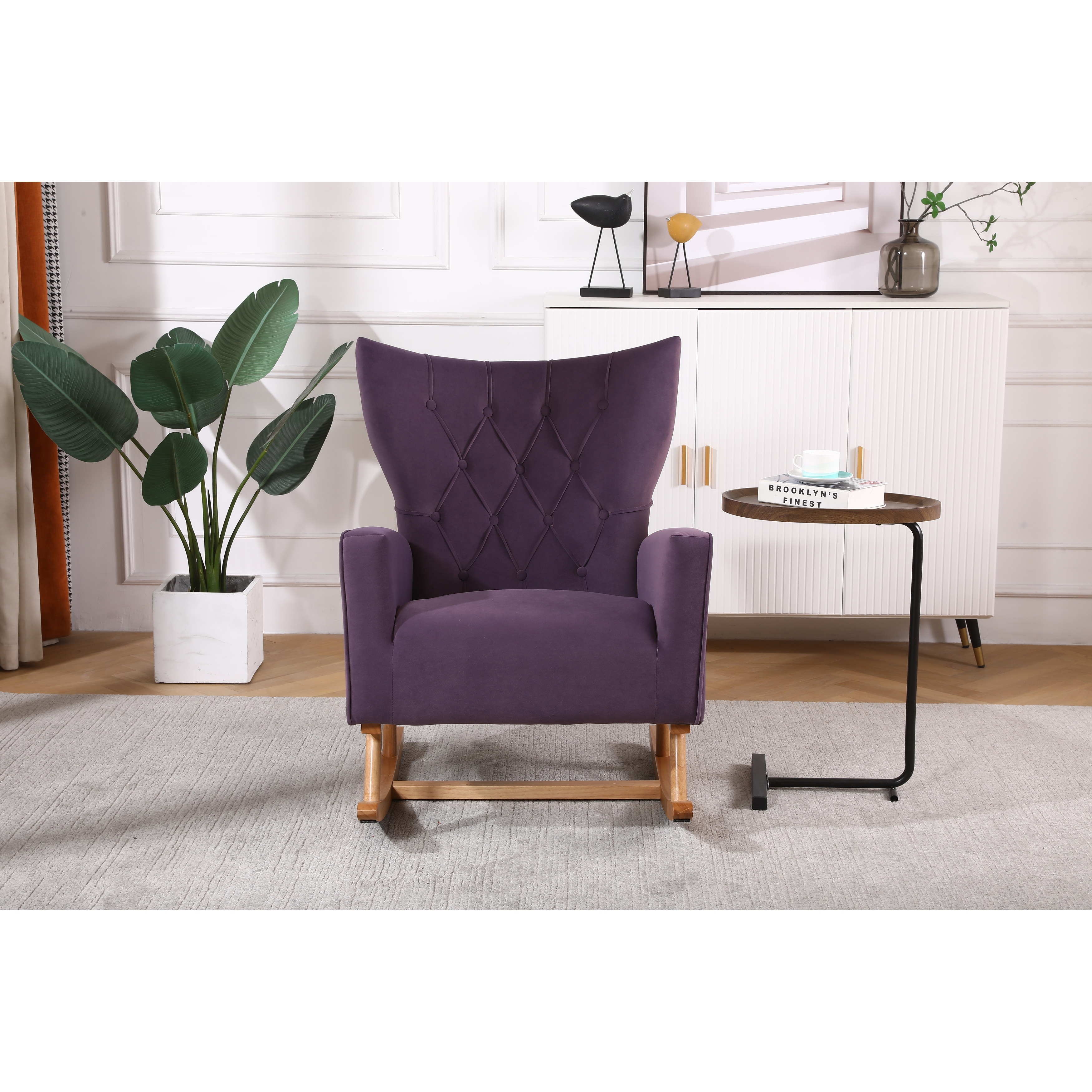 Velvet Tufted Rocking Chair Padded Upholstered Arm Chair, Lavender