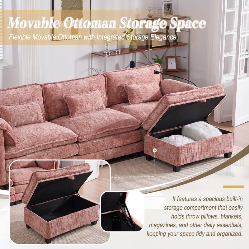 HOMEFUN Chenille Upholstered L-shaped Phone Holder Modular Sectional Sleeper Sofa with Movable Storage Ottoman