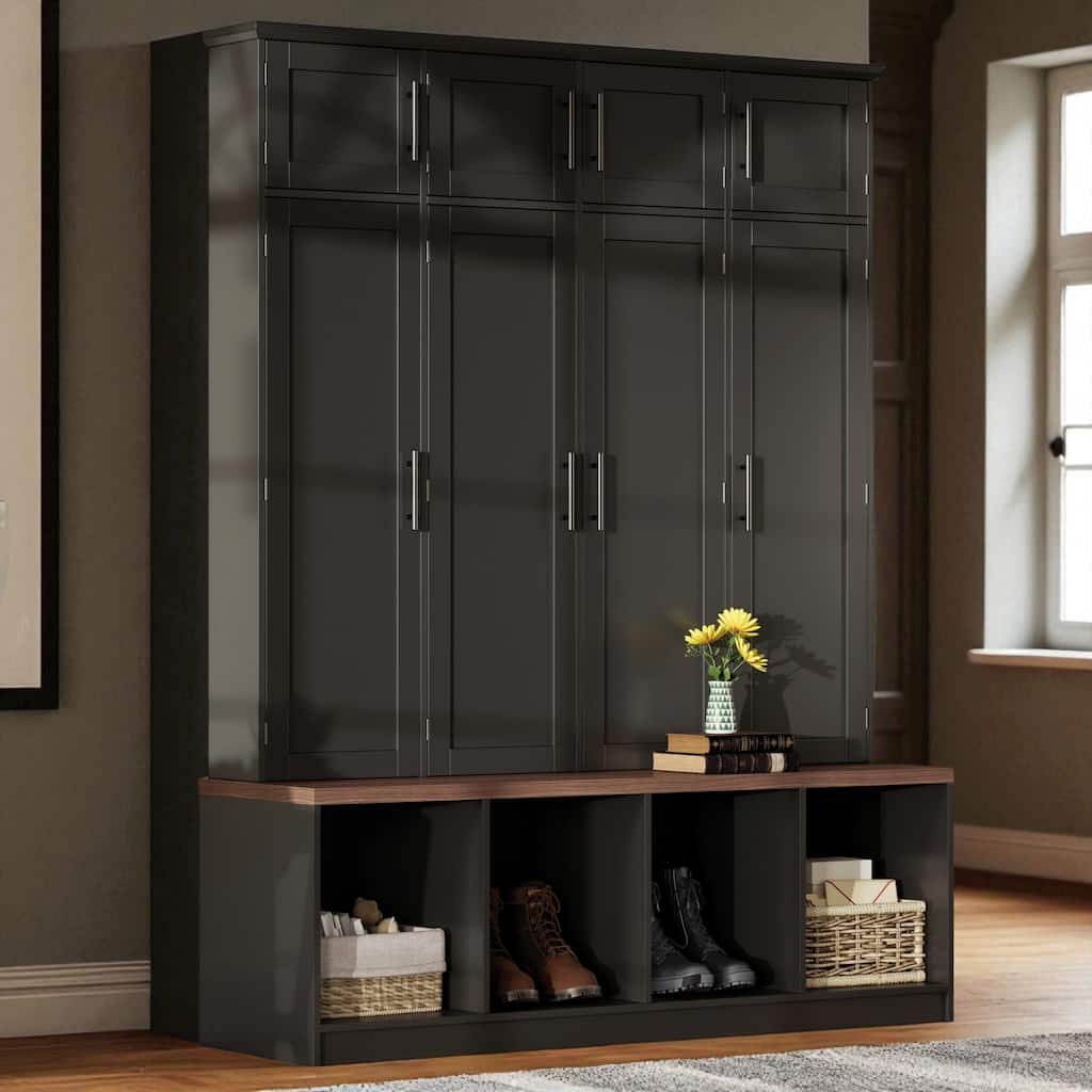 Farmhouse Hall Tree with Walnut Bench, 8 Doors, 4 Hidden Hooks, Entryway Shoe Cabinet with Open Cubbies, 59" Wide