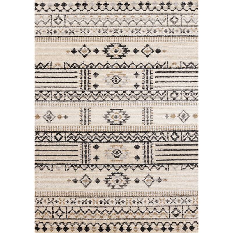 Nalani Collection - Ribbed Soft Cream Grey Southwestern Area Rug