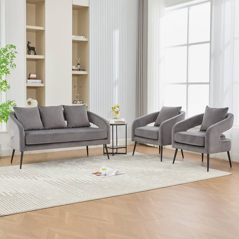 53.7" W Loveseat Sofa with 2 Accent Chair,3-Piece Living Room Furniture Sets with Pillows and Metal Legs