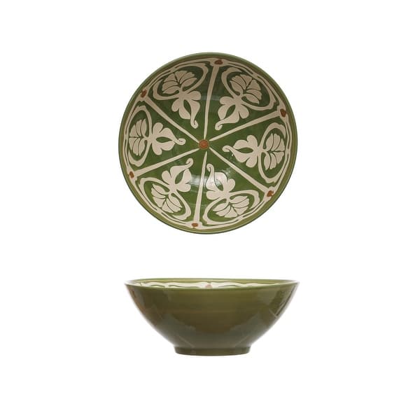 slide 2 of 4, Hand-Painted Stoneware Serving Bowl with Pattern Design - 10.5"L x 10.5"W x 4.3"H - 10.5"L x 10.5"W x 4.3"H Green