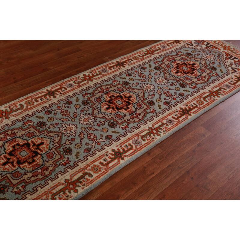 Hand Knotted Oriental 100% Wool Carpet Traditional Geometric Navy Blue & Blues Heriz (serapi) Runner Rug - 8' 4'' X 2' 6''