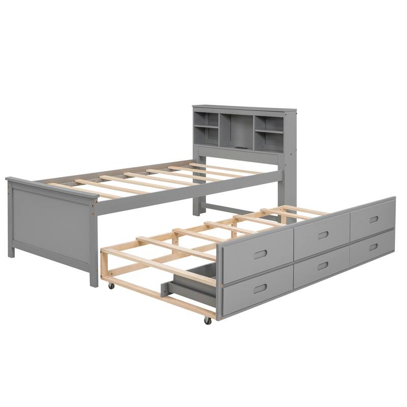 Twin Size Platform Bed with Storage Headboard, USB, Twin Size Trundle and 3 Drawers