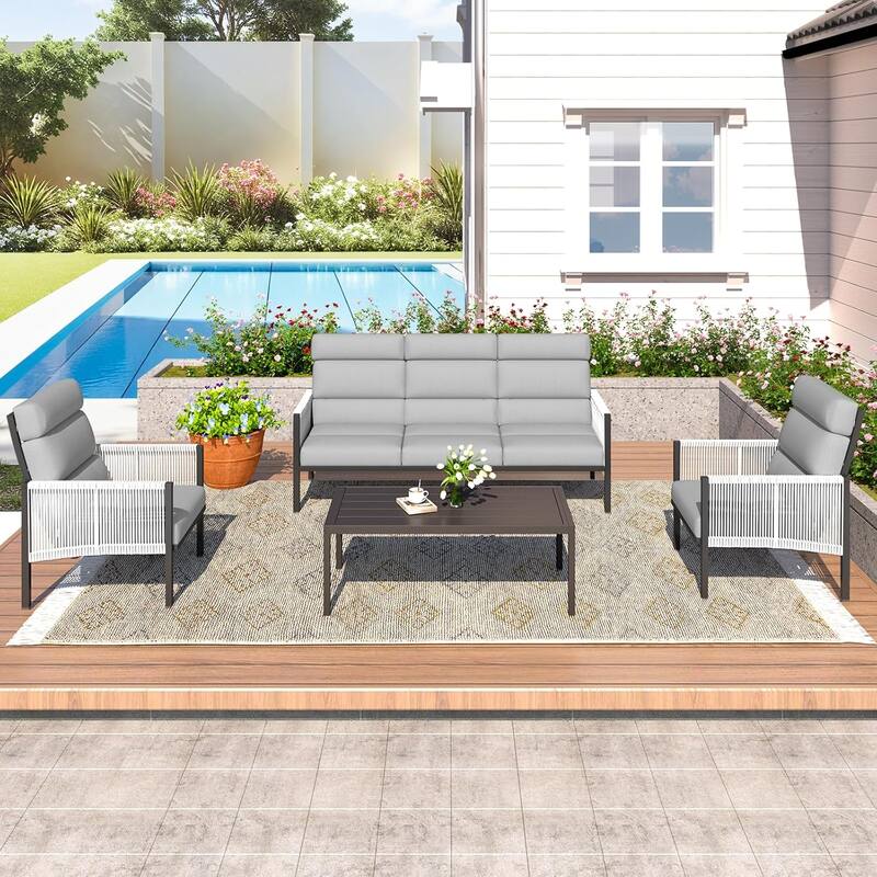 AECOJOY 4 Pieces Outdoor Aluminum Patio Furniture Set with Coffee Table, Morden Outdoor Patio Sectional Furniture Set