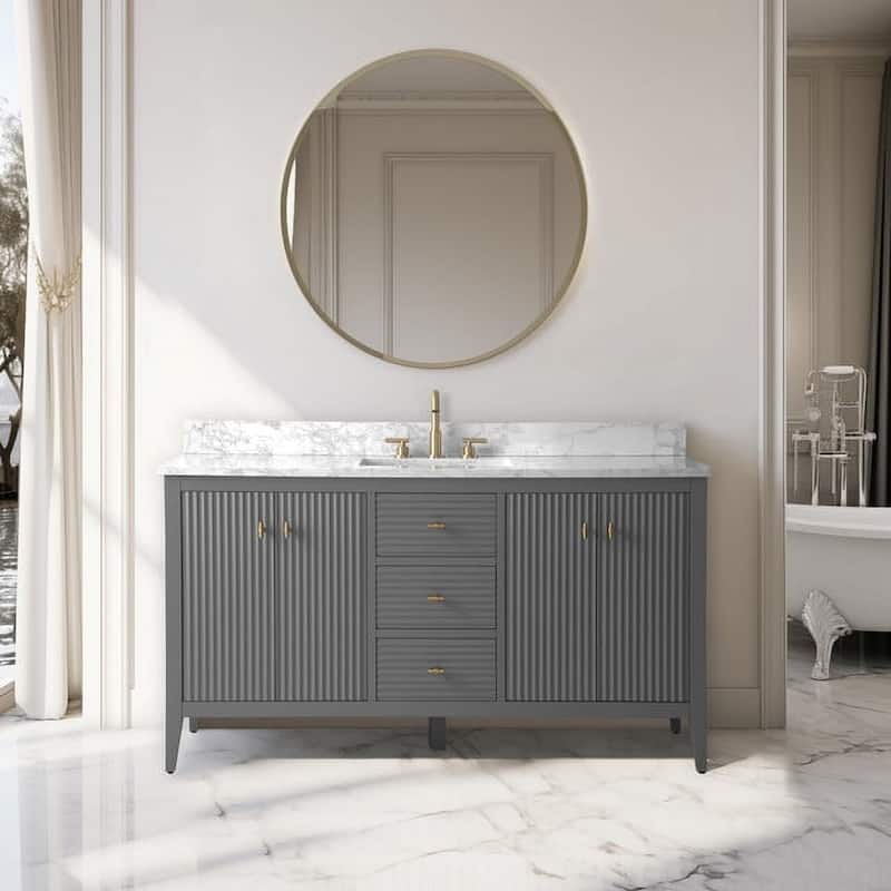 Vanity Art 60" Single Sink Bathroom Vanity Cabinet with Engineered Marble Countertop