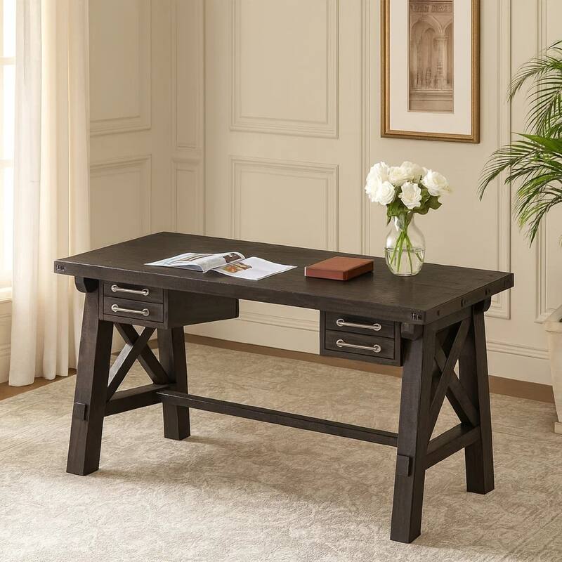 Wooden Desk with Sleek Drawer Storage and Crossed Side Bracing , Brown