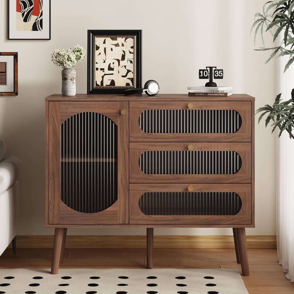 Accent Cabinet with 3 Drawers and Door, Wooden Storage Cabinet with Shelves, Sideboard for Living Room, Entryway, Natural
