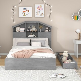 Full Size Wood Platform Bed with House-Shaped Storage Headboard and 2 Drawers, Grey