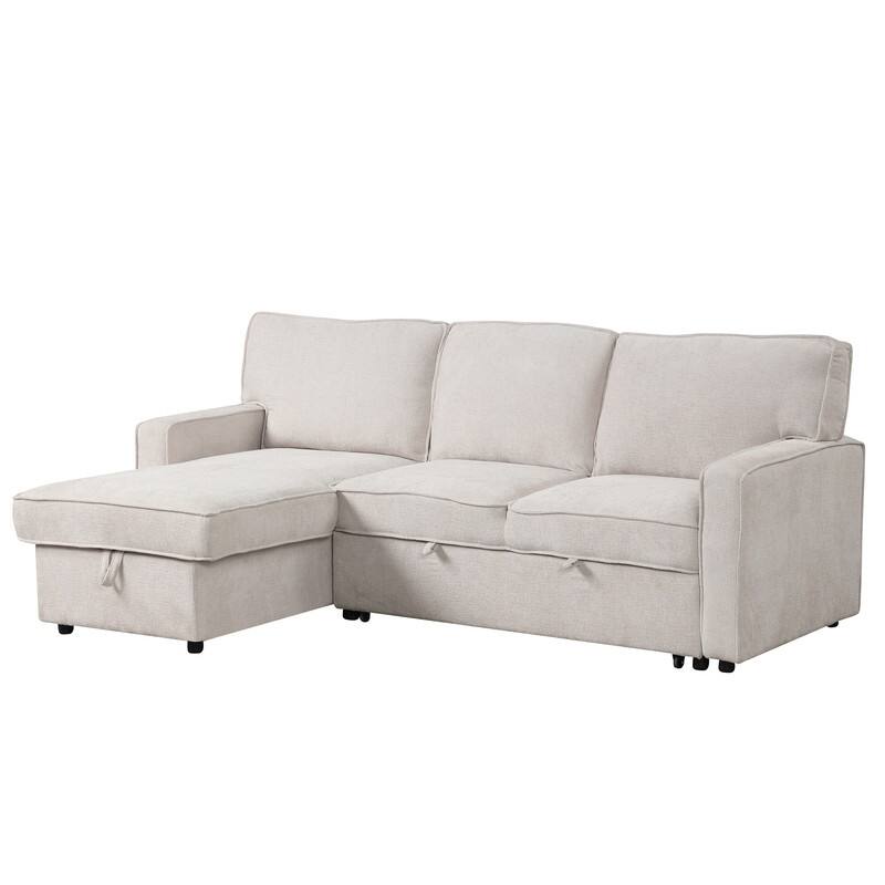 Upholstery Sleeper Sectional Sofa with Storage and 2 Cup Holder, Modern Corner Sectional with Pull-Out Sleeper and USB port