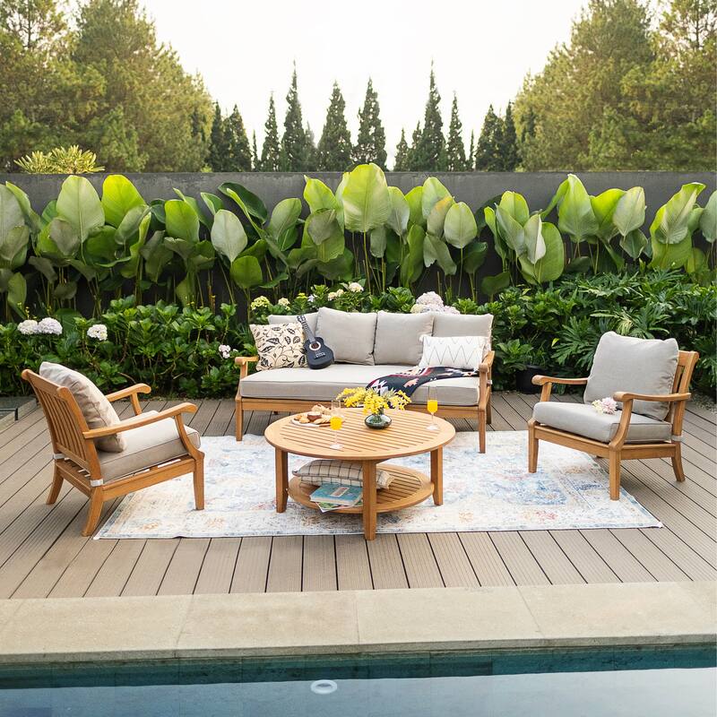 Cambridge Casual Robin 4-piece Teak Wood Patio Conversation Set - Natural Teak/Oyster Cushion
