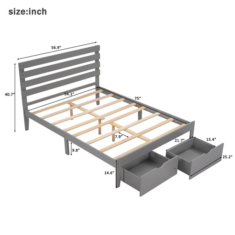 Full Size Pine Wood Platform Bed with 2 Storage Drawers, Headboard and Extra Support Legs Bed