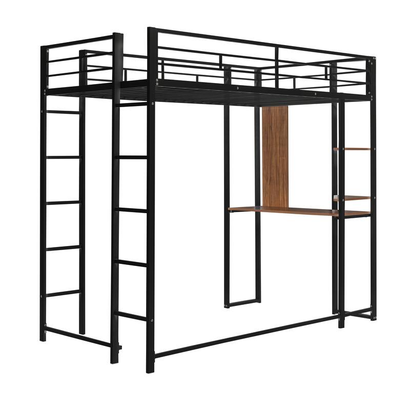 Twin Size Metal Loft Bed with Desk, Shelves, and Full-Length Guardrails