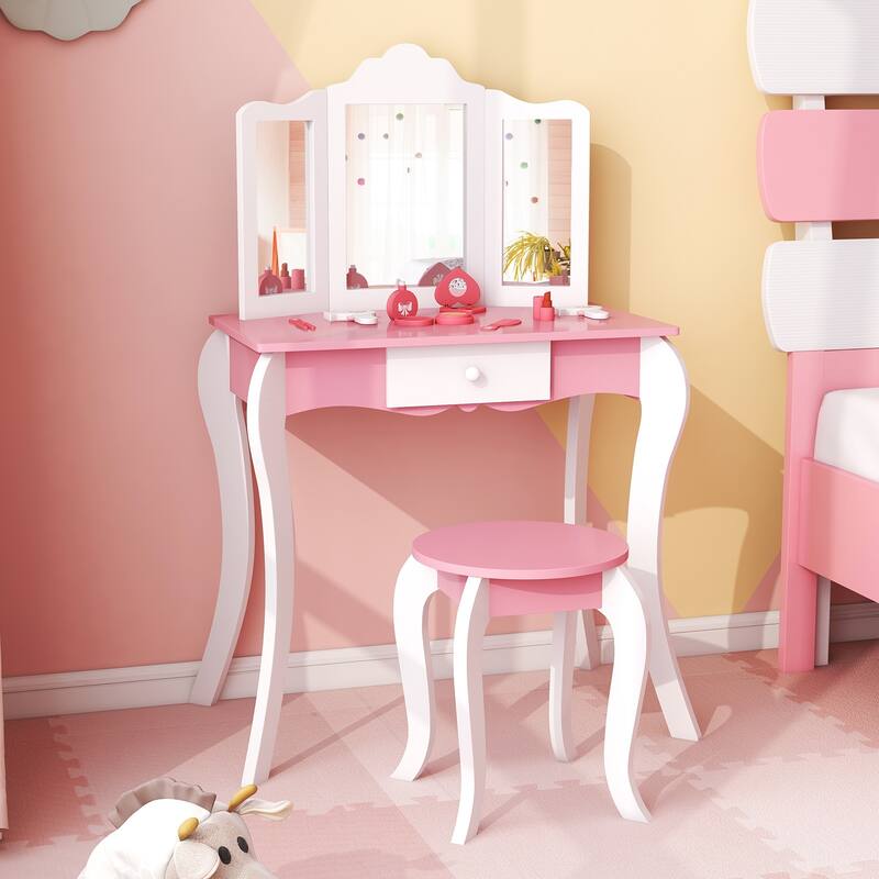 Pink-White Kid's Wooden Vanity Table and Stool Set with 3-Panel Acrylic Mirror - 27"L × 16.5"W × 39.5"H