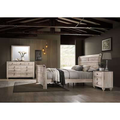Imerland Contemporary White Wash Finish Bedroom Set with King Sleigh Bed, Dresser, Mirror, Nightstand