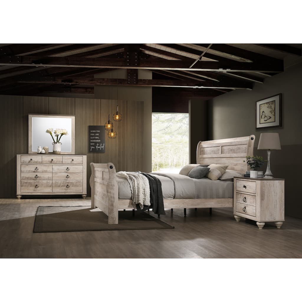 Imerland Contemporary White Wash Finish Bedroom Set with King Sleigh Bed, Dresser, Mirror, Nightstand