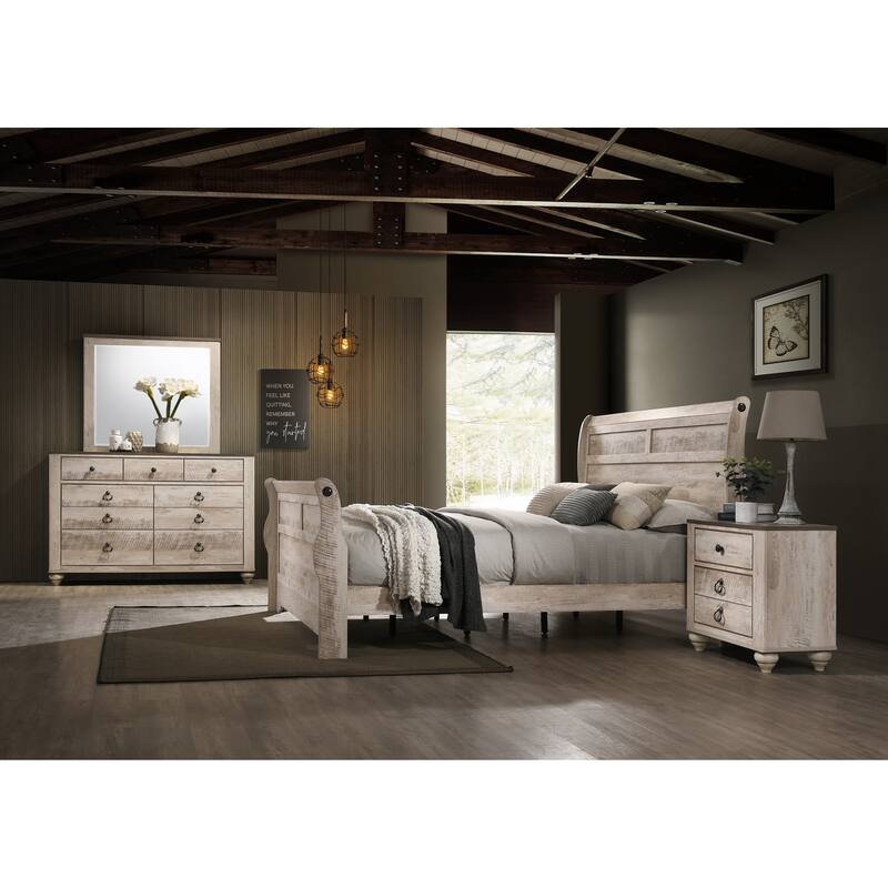 Imerland Contemporary White Wash Finish Bedroom Set with King Sleigh Bed, Dresser, Mirror, Two Nightstands - Walnut Brown