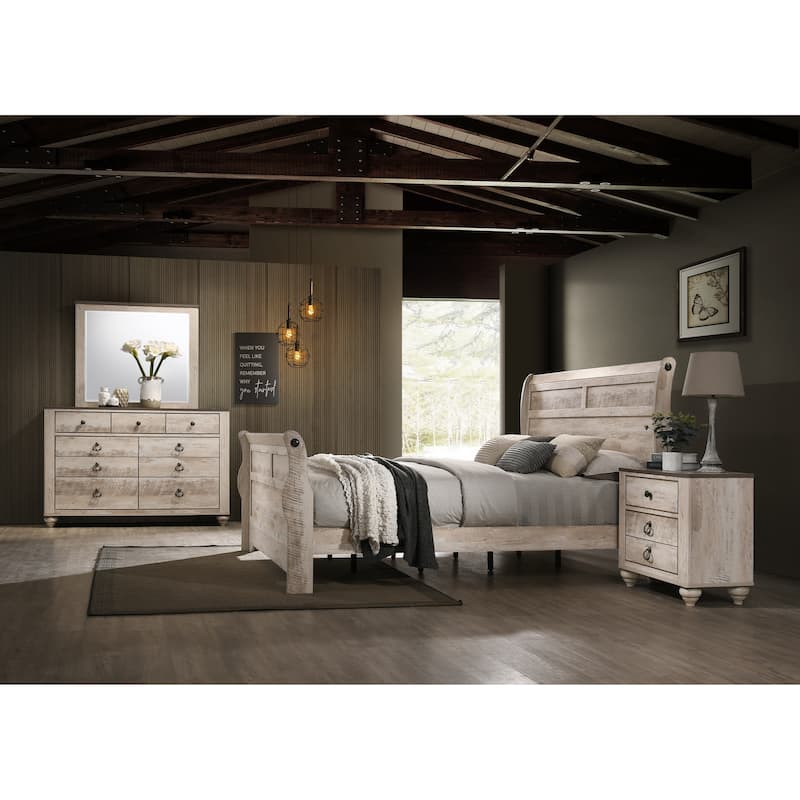 Roundhill Furniture Imerland Contemporary White Wash Finish Bedroom Set with Sleigh Bed, Dresser, Mirror, Nightstand, Chest