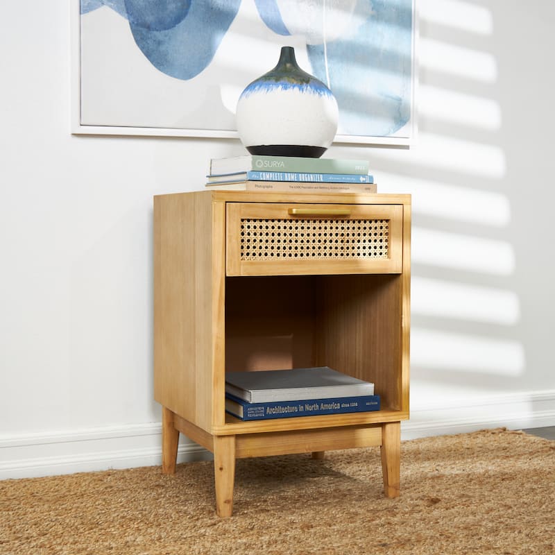 Wood 1 Drawer and 1 Cubby Shelf Accent Table with Beige Rattan Drawer and Gold Handle - Light Brown or Black - Roche River Decor