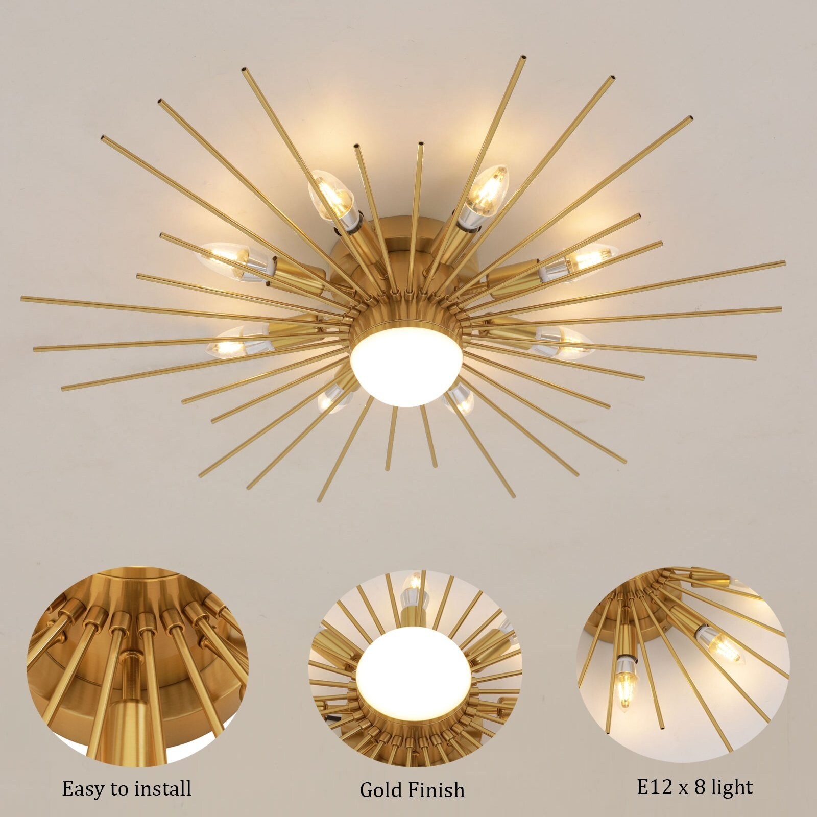 Semi Flush Mount Ceiling Fixture Golden Glam Light Fixture - 8