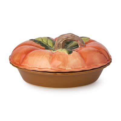 Certified International Harvest Fields 3-D Pumpkin Covered Pie Carrier - 10.50"L x 10.50"W x 5.25"H