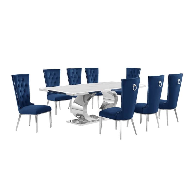 Best Quality Furniture D432/3-SC330-7 Dining Set with 87" White Marble Top