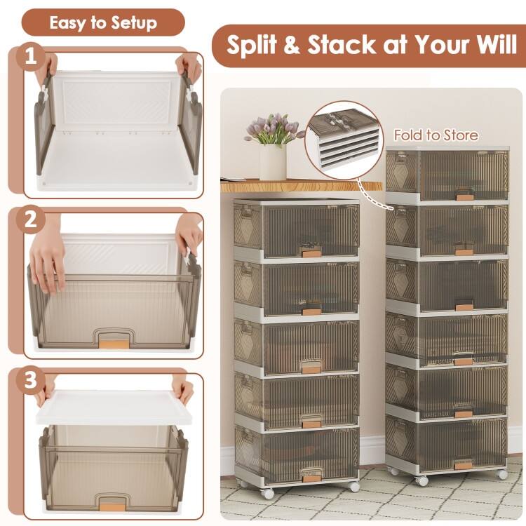 White-Brown PP and ABS Stackable Storage Bin with Wheels, Foldable Cubes